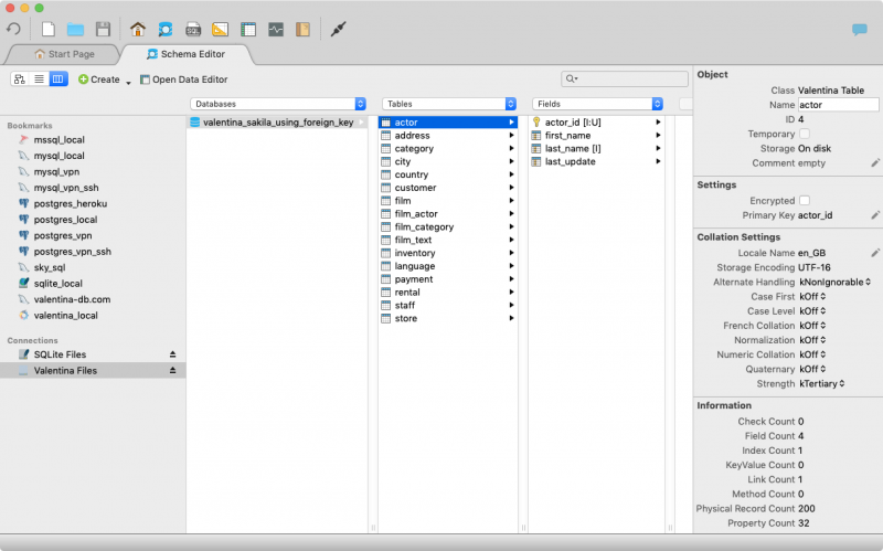 Column View lets you browse database schema using columns. Select an Nth column object, then from the N+1 column, Valentina Studio displays elements of the selected object. Column View makes it easy to navigate database schema. 