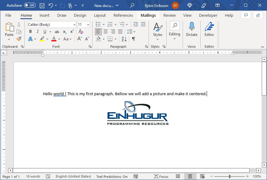 Screenshot of a Microsoft Word document created using the Einhugur Word Plugin for Xojo