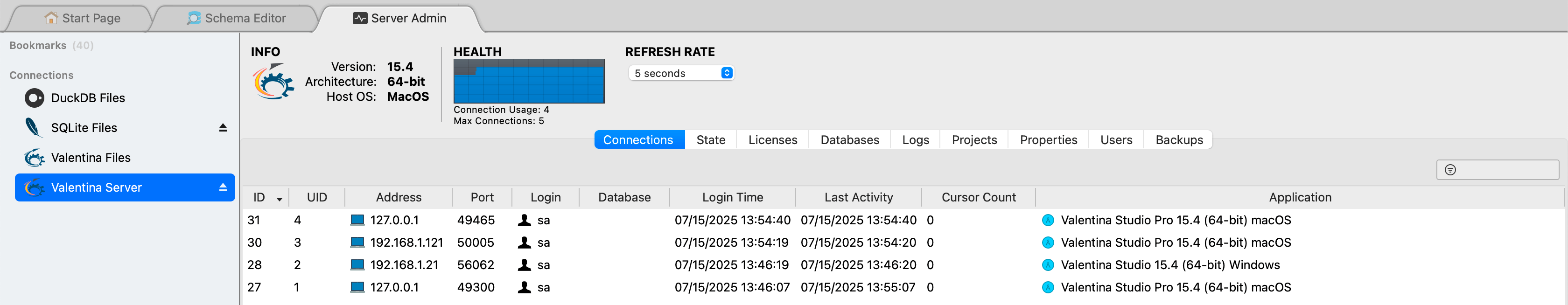Viewing AppName Connections in Valentina Studio Server Administration