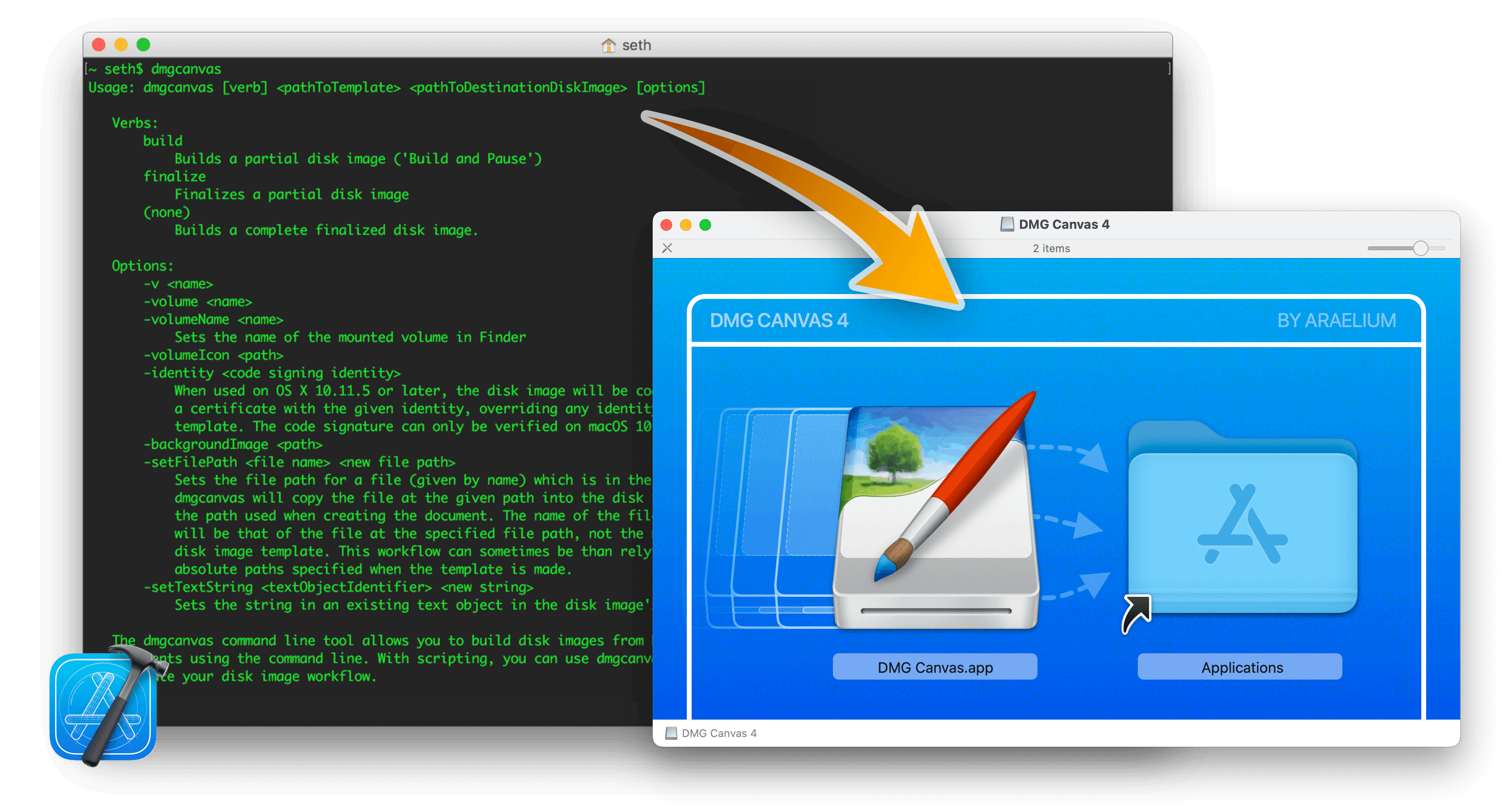 Using DMG Canvas Tool Using the dmgcanvas tool, you can integrate building your disk images into your normal build workflow
